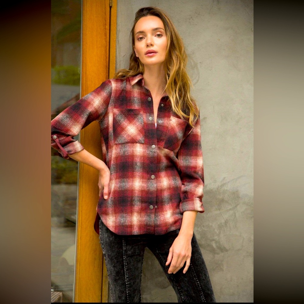 Plaid Shacket Shirt Jacket With Pockets Burgundy Size S